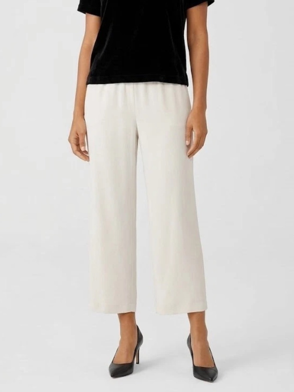 Eileen Fisher Straight Crop in Bone Silk Georgette Crepe Pull-on Pant S19GC1 SM